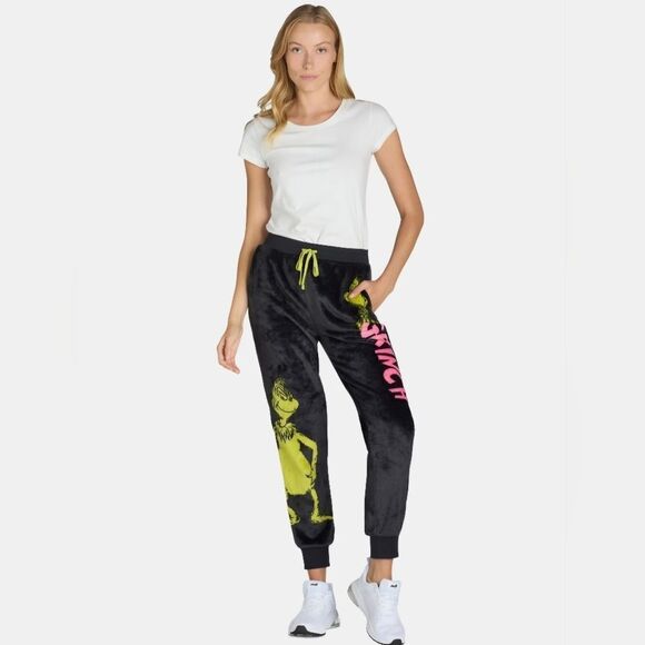 ☔️🩵NWT The Grinch Black & Green Grinch Graphic Plush Joggers Small - Picture 1 of 12